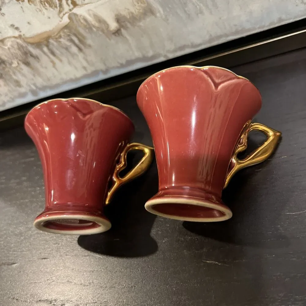 Rare Yedi Design Coffee (2) Two Cups Triangle Saucer Bordeaux Gold Trim